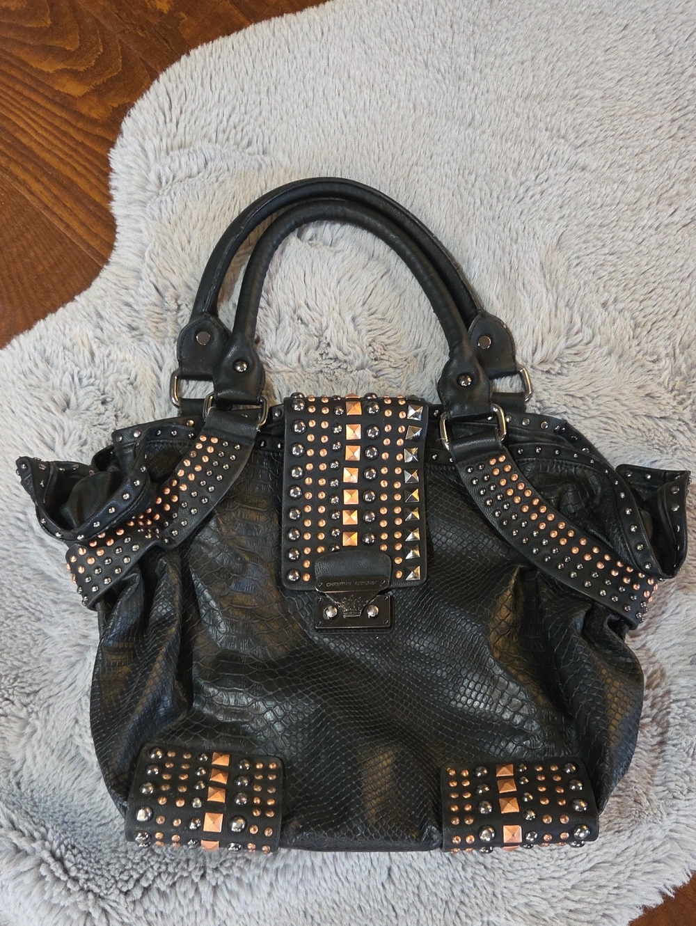 Black Studded Tote Bag with Metallic Accents